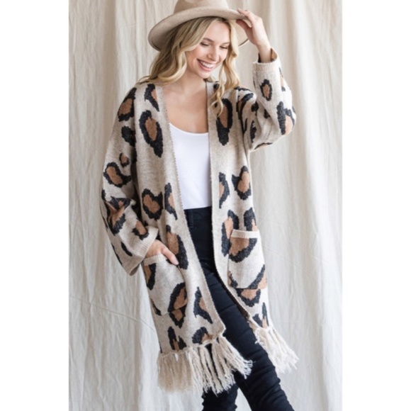 SOLD OUT Oatmeal Leopard Animal Printed Fringe Hem Open Knit Cardigan Sweater - Picture 2 of 9